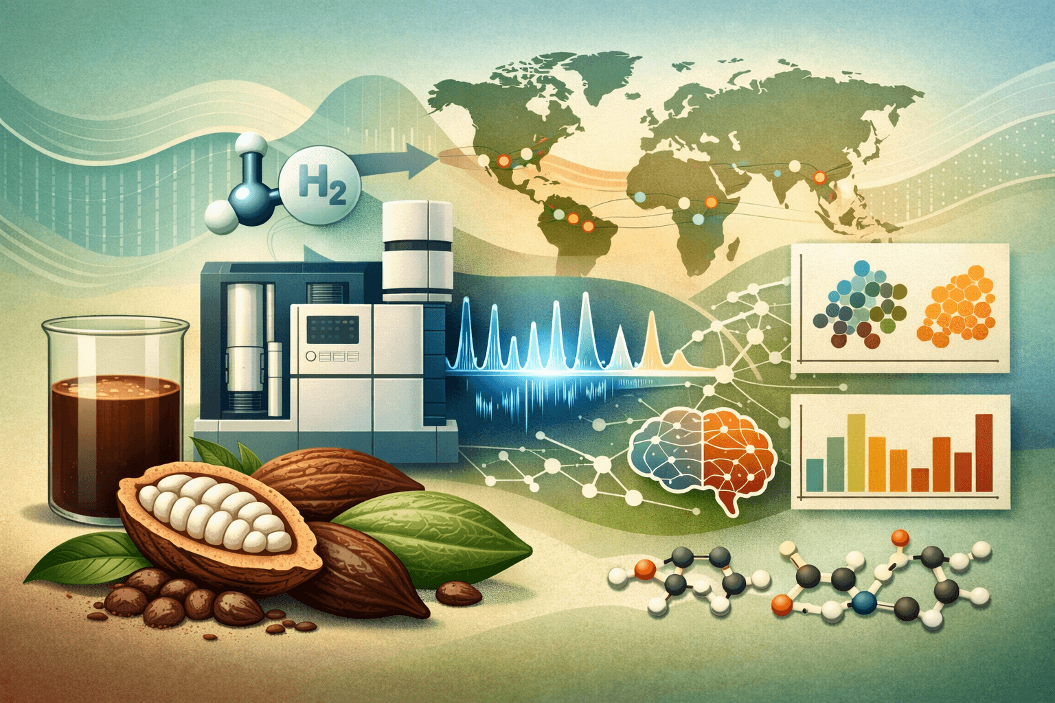 An illustration showing cocoa pods and beans, a glass of dark liquid, laboratory equipment with H2 molecule, a world map with colored dots, waveform graphics, a brain diagram, data visualization charts, and molecular structure models arranged on a gradient background.