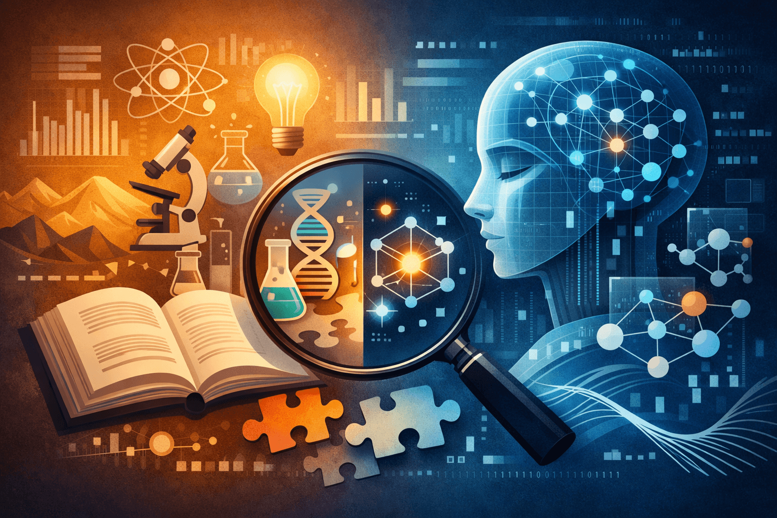 A digital illustration showing scientific and technological imagery including a microscope, light bulb, open book, magnifying glass, DNA helix, molecular structures, puzzle pieces, bar charts, and a profile of a head with neural network patterns, blending orange warm tones on the left with blue cool tones on the right.