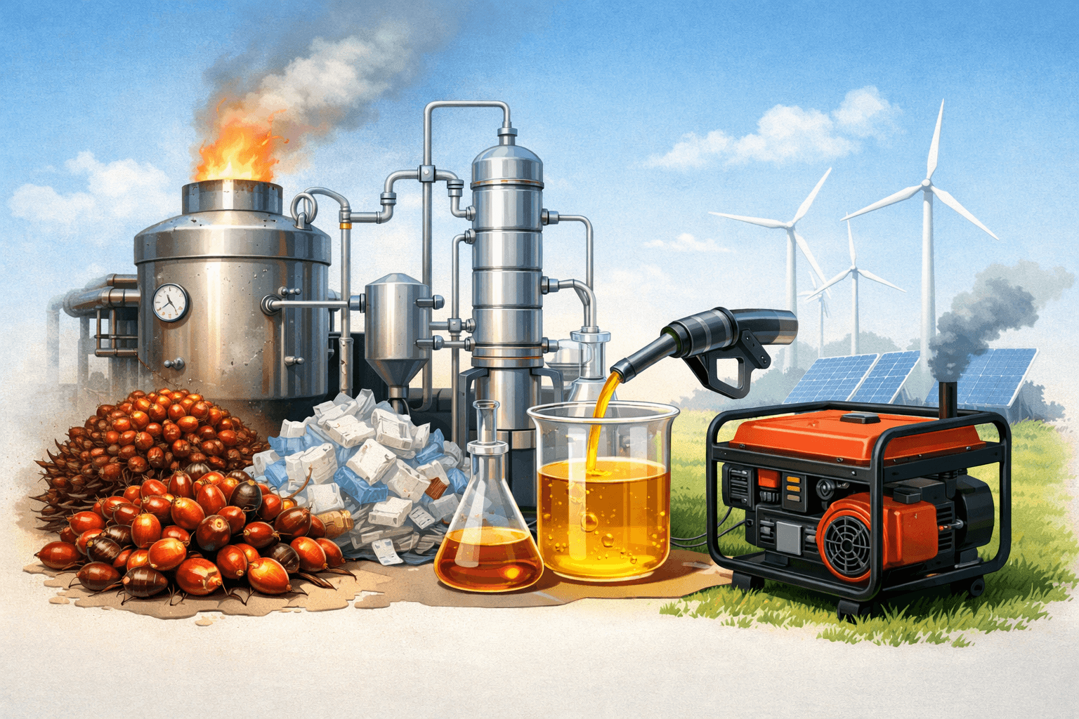 An illustration showing biofuel production process with palm fruits, industrial processing equipment, refined oil being dispensed into containers, a portable generator, and renewable energy sources including wind turbines and solar panels in the background.