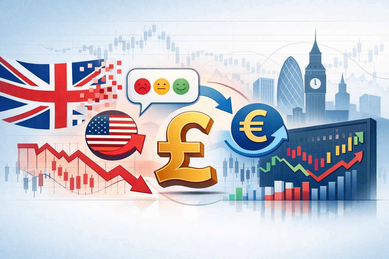 An illustration showing currency exchange between British pounds and euros with the Union Jack and American flags, sentiment emoticons, a declining chart, and London's Big Ben skyline in the background.