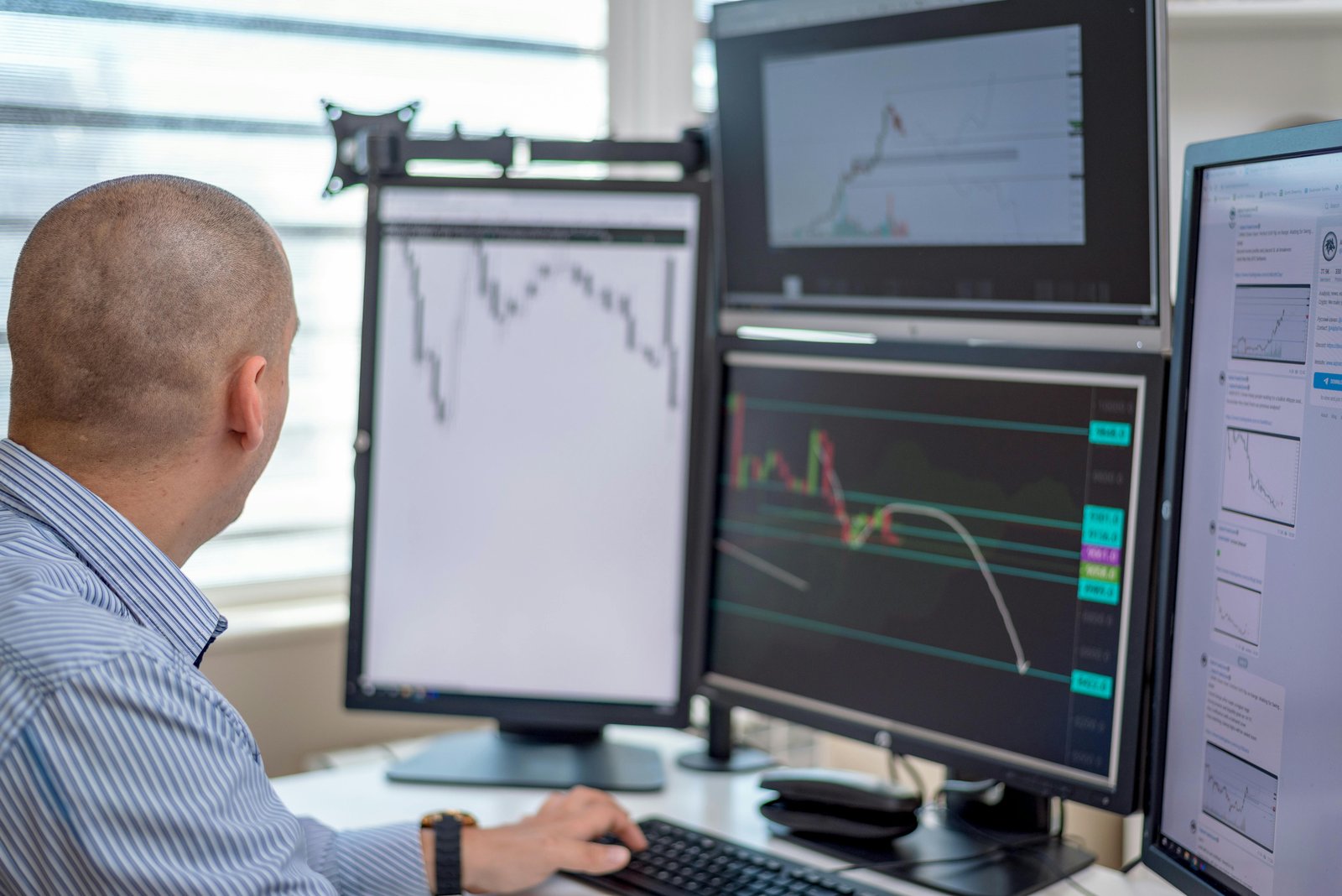 A bald man in a striped button-up shirt sits at a desk facing multiple monitors displaying financial charts and market data, with his hand on a computer mouse in a modern office setting.