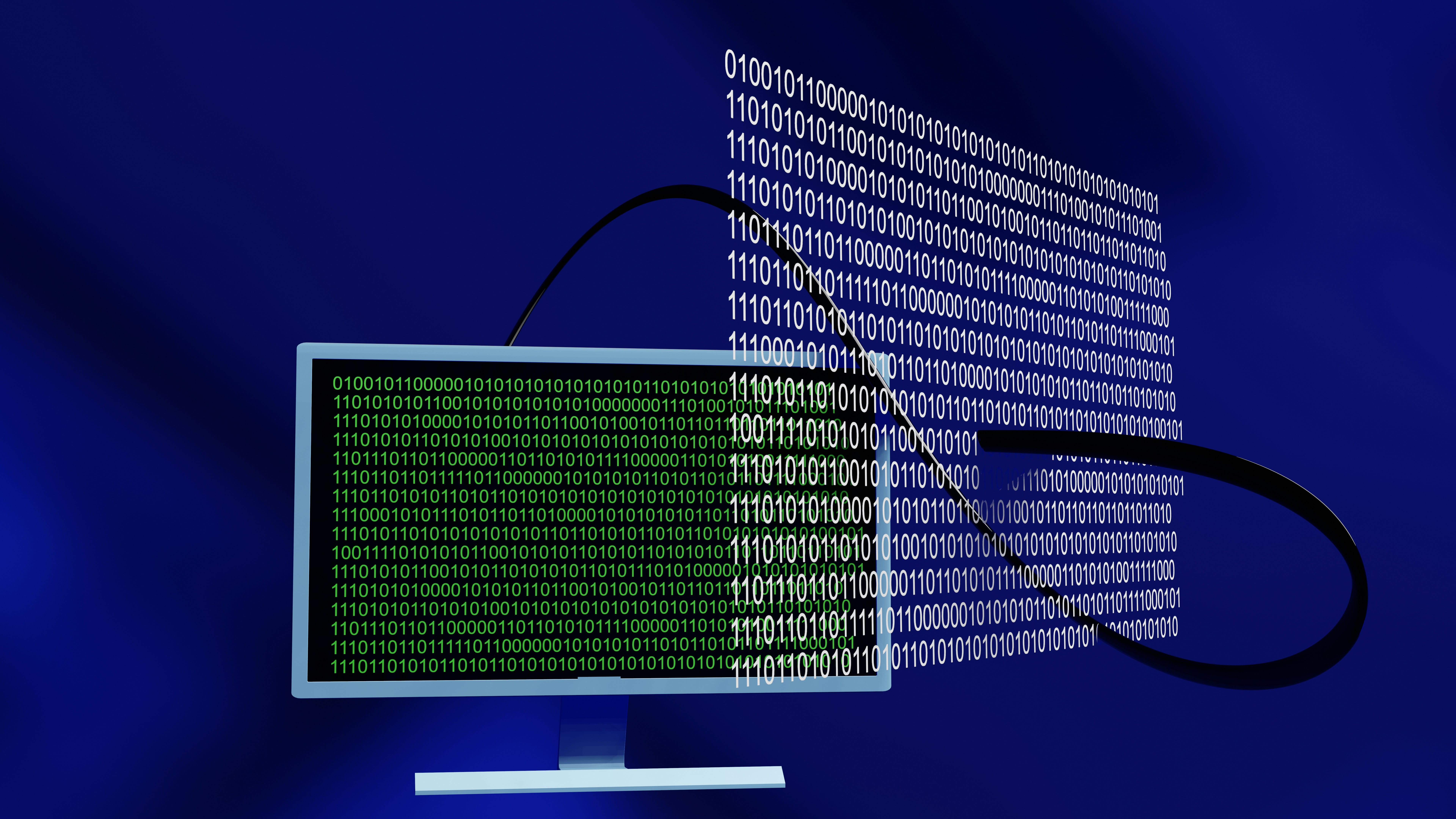 A smartphone or mobile device displaying cascading green binary code (1s and 0s) against a dark background, with streams of binary digits flowing outward in a three-dimensional perspective effect on a blue gradient backdrop.